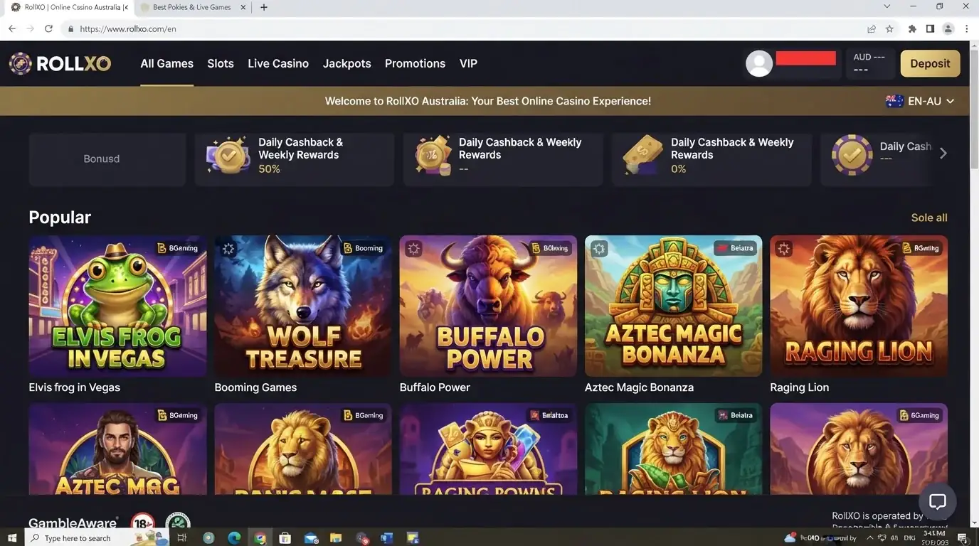 RollXO casino interface with game navigation and Australian English settings